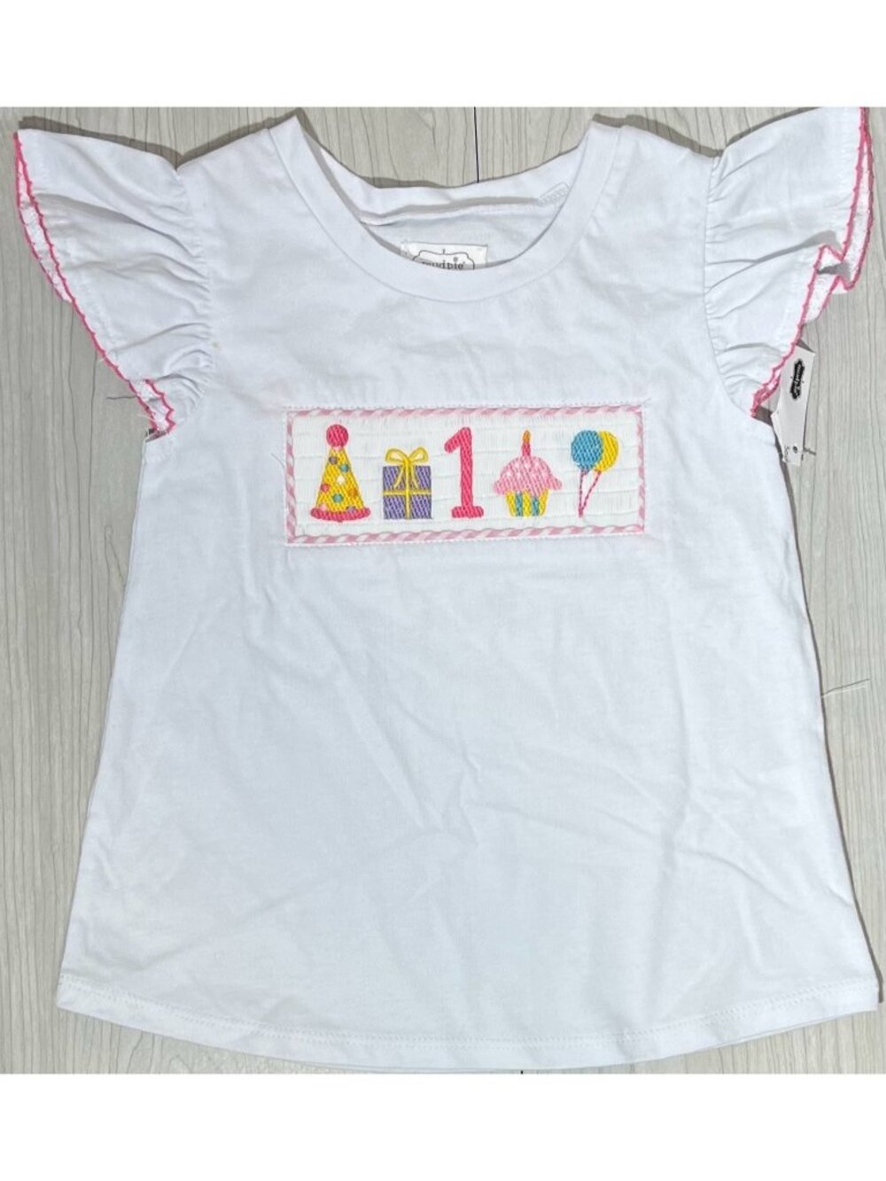 Mud Pie 12-18m EUC white smocked Birthday One 1st 1 bday shirt flutter sleeve